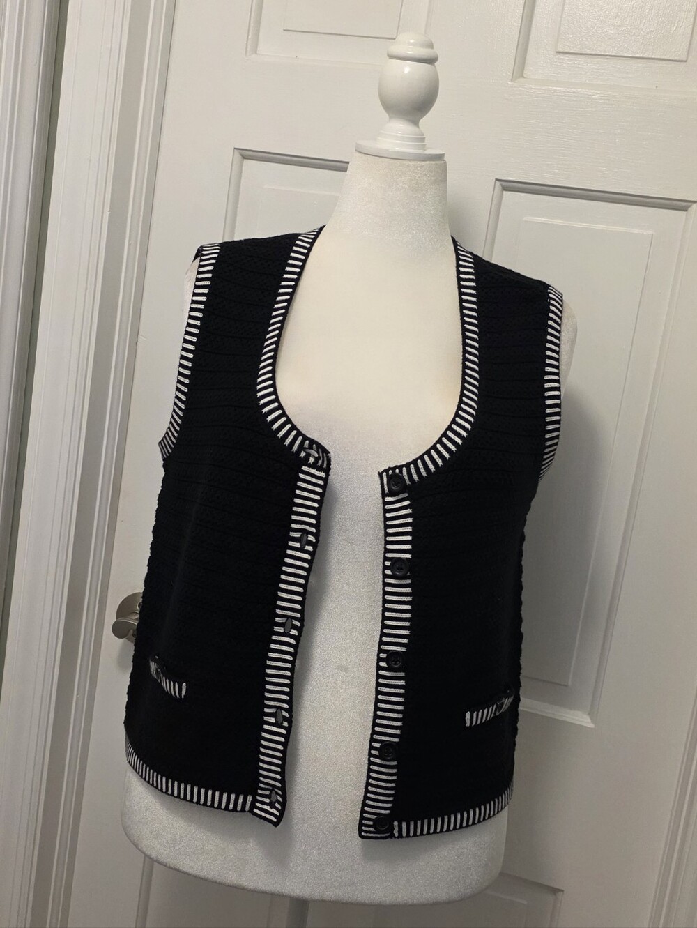 Ann Taylor Black Knit Vest with White Stripe Trim